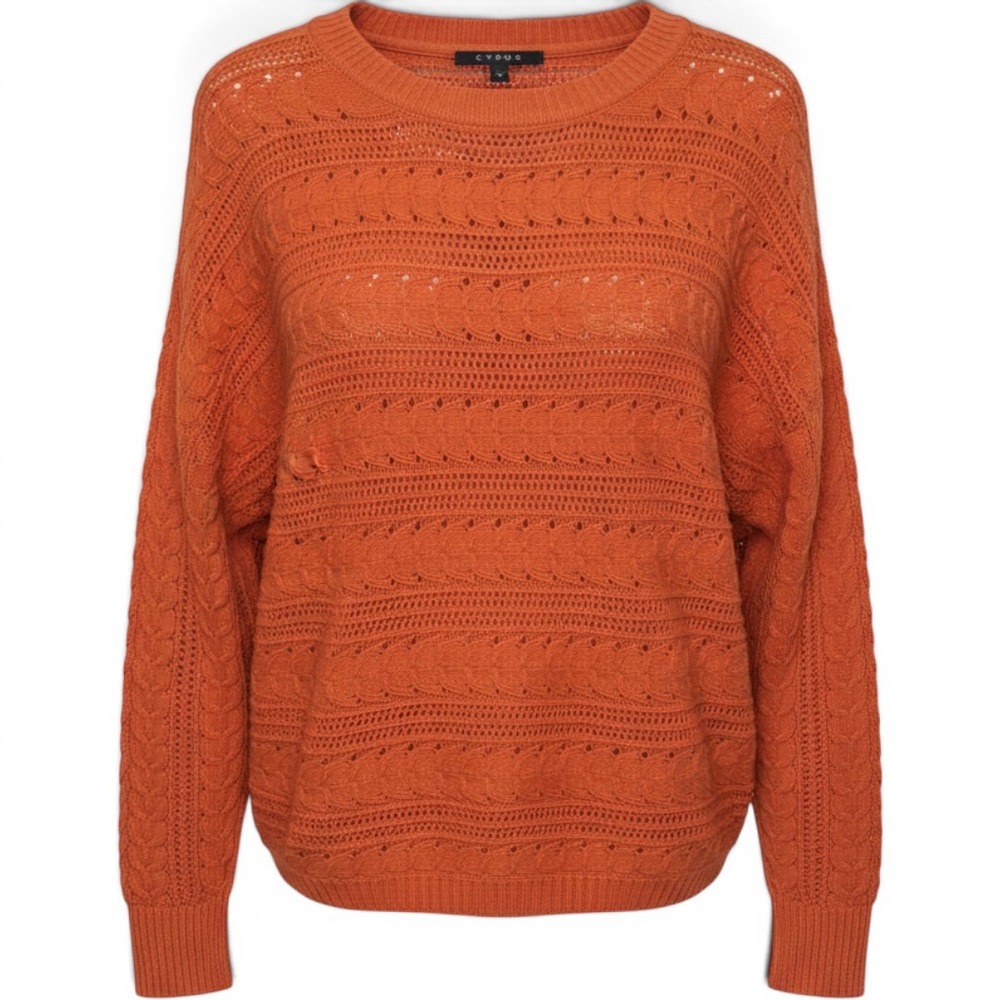 Cyrus Women Boho‎ Sweater Knit Pointelle Cable Texture Batwing Burnt Orange M
